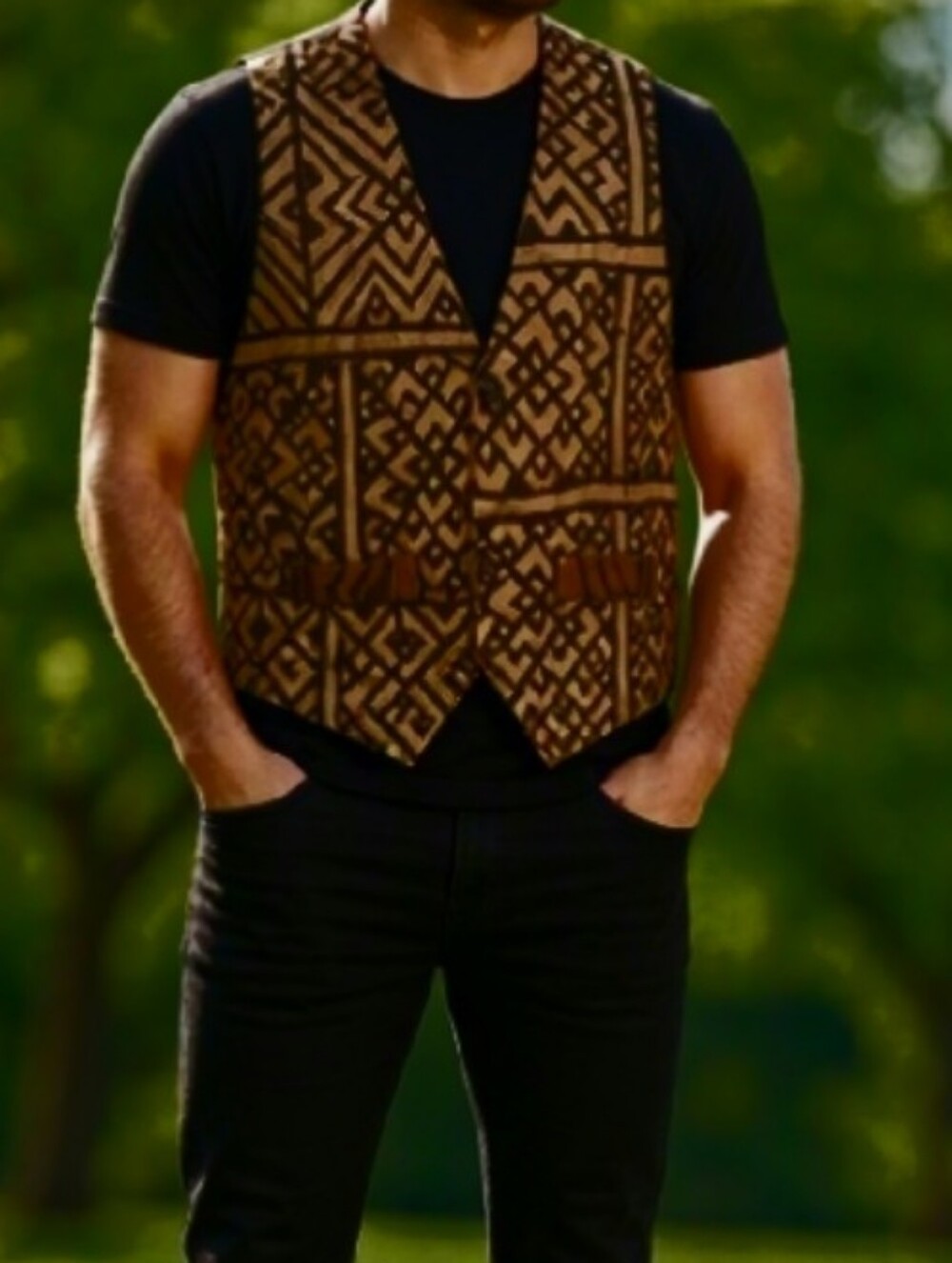 Tan & Brown African Tribal Men's Button Down Vest Hand Crafted 20" PTP X 24" L